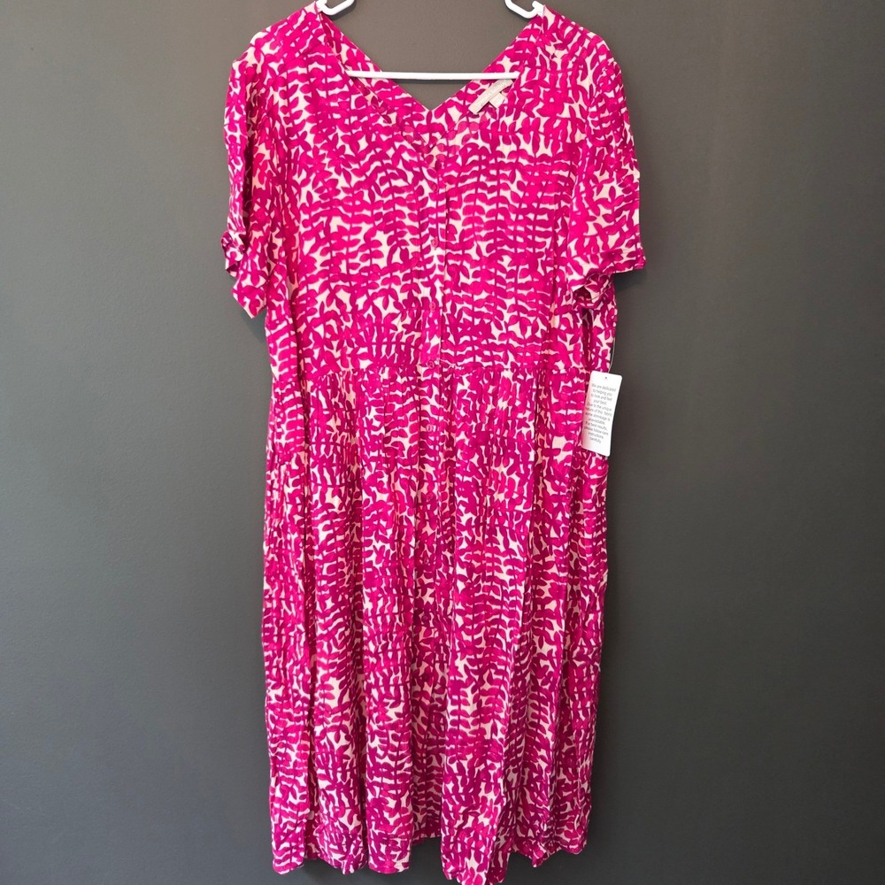 NEW Woman Within Pink‎ Leaf Print Button Front Rayon Babydoll Midi Dress 14/16